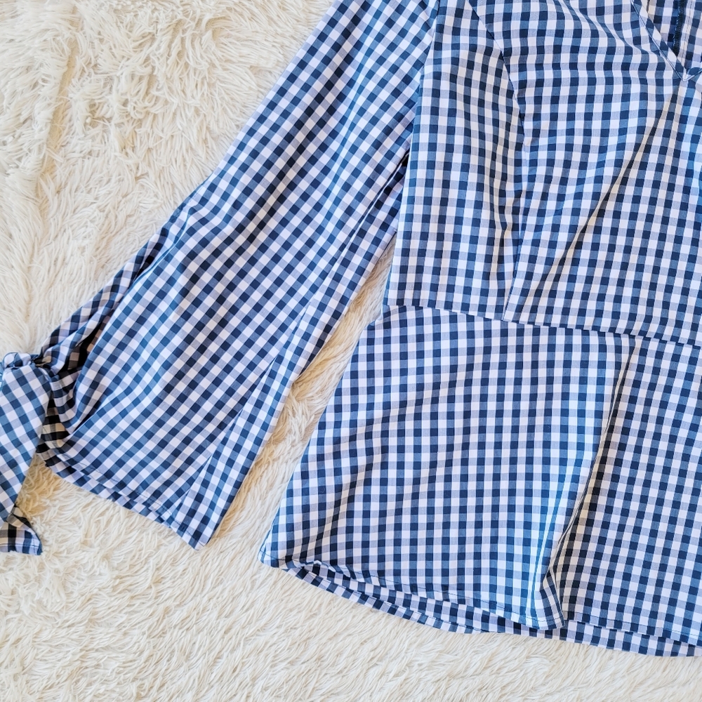 Universal Standard J. Crew Ginham Poplin Tie Sleeve Blouse - Picture 6 of 9